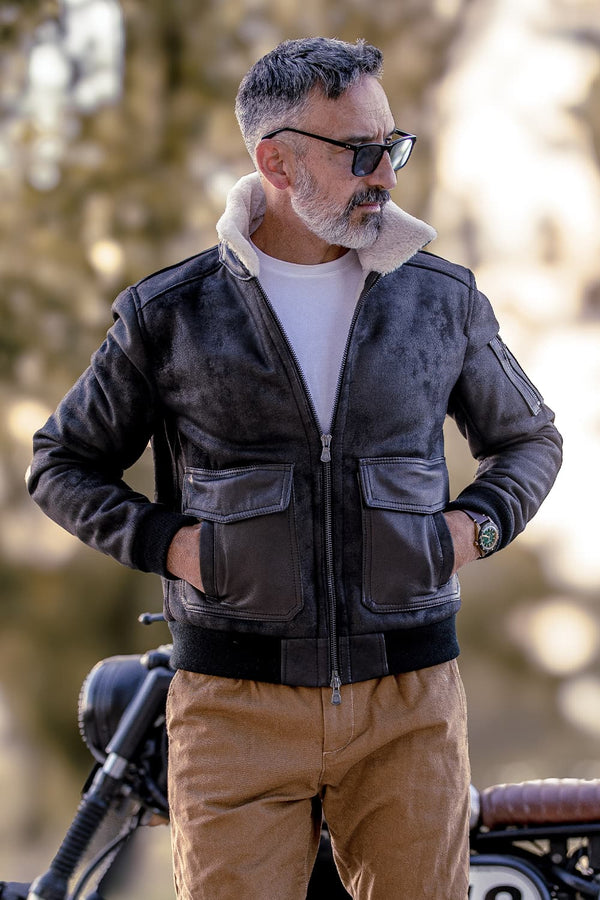 Giacca Aviatore Uomo Nero Shearling Style uomo Barone firenze