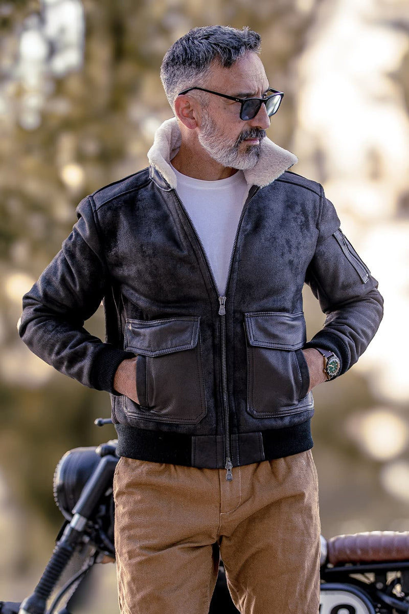 Giacca Aviatore Uomo Nero Shearling Style uomo Barone firenze - 1