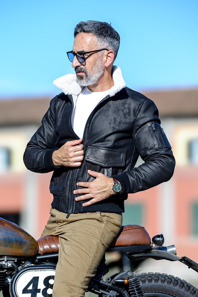 Giacca Aviatore Uomo Nero Shearling Style uomo Barone firenze - 9