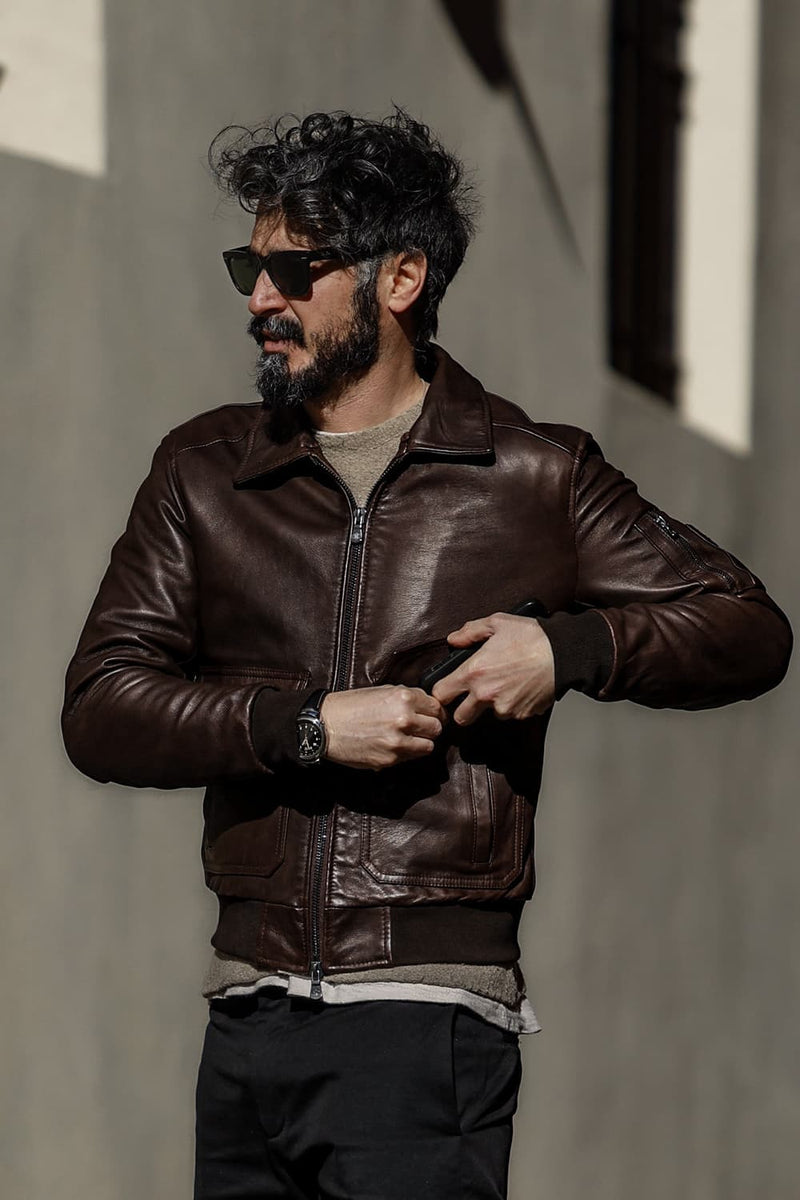 Giacca Aviatore Uomo Pelle Testa di moro uomo Barone firenze - 9
