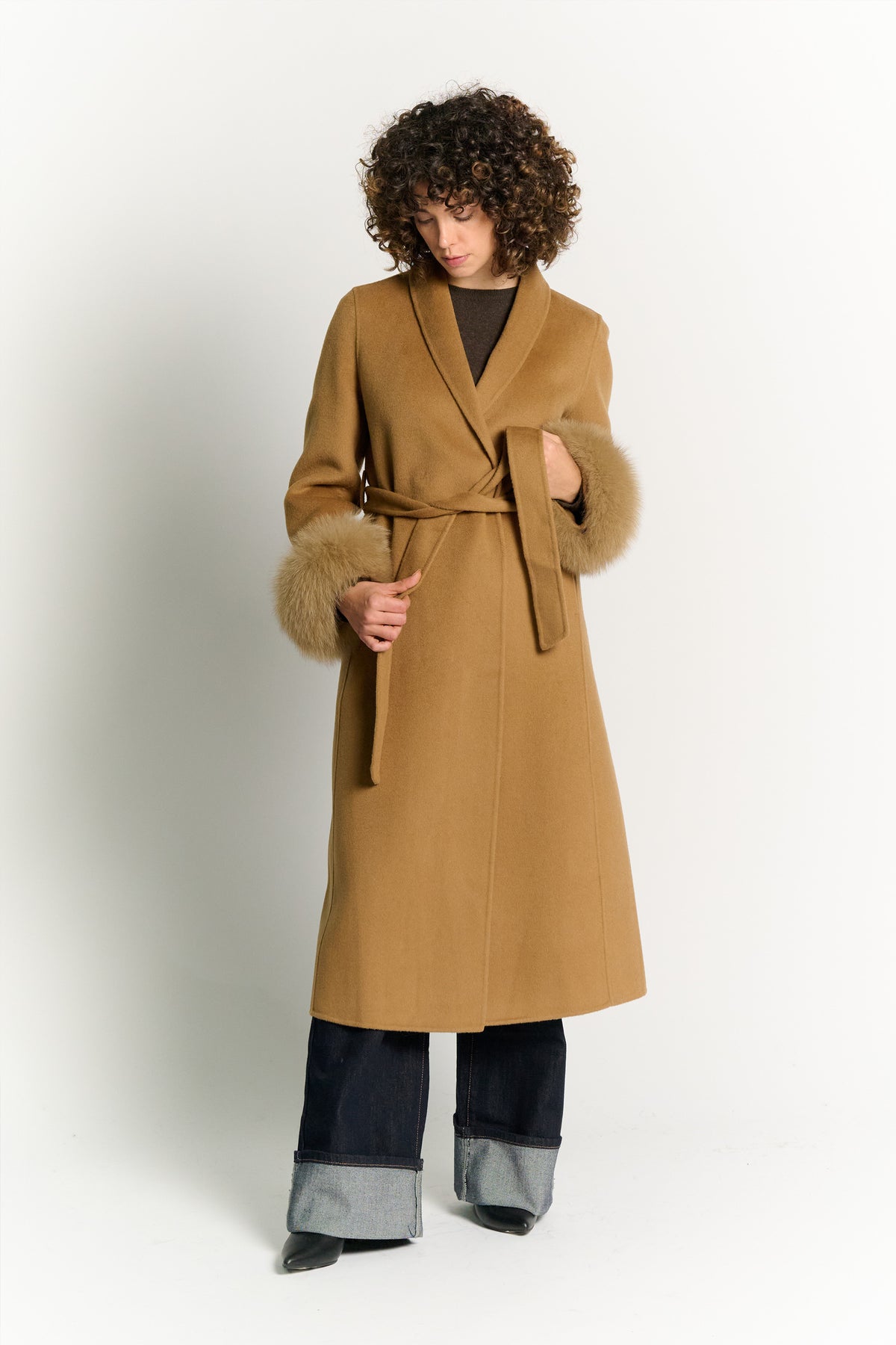 Cappotto Lungo Con Cintura e Manicotti Cammello donna Barone firenze - 1