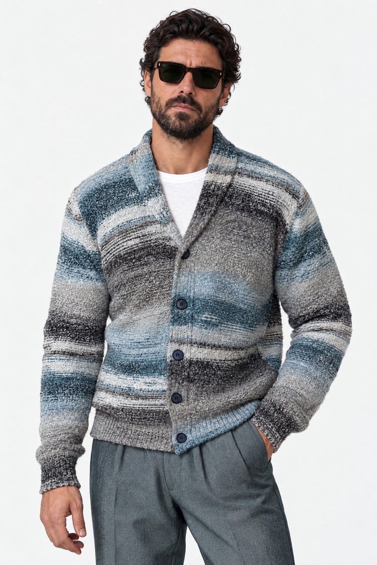 Cardigan Mélange Grigio Denim da Uomo uomo Barone firenze - 3