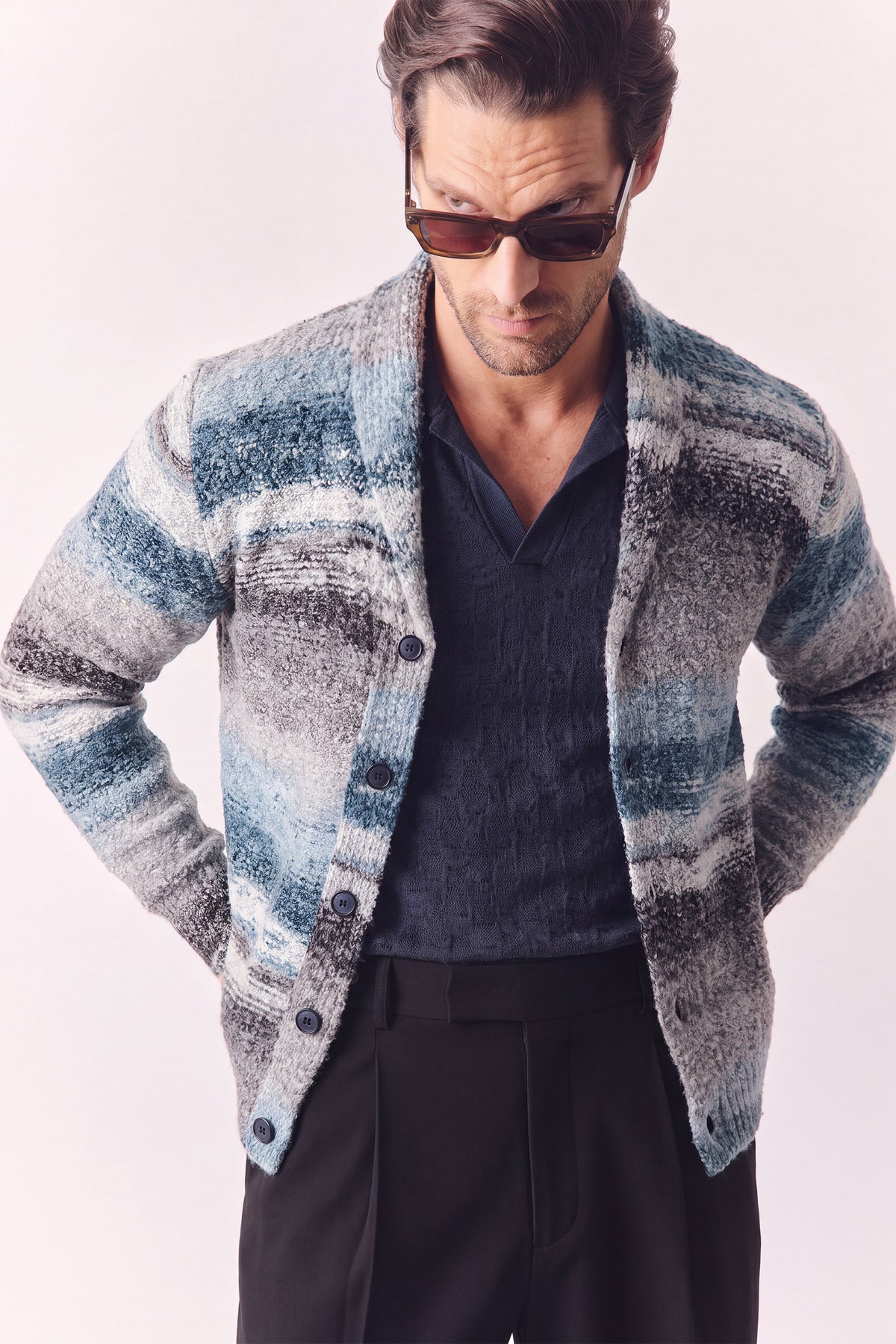 Cardigan Mélange Grigio Denim da Uomo uomo Barone firenze - 4
