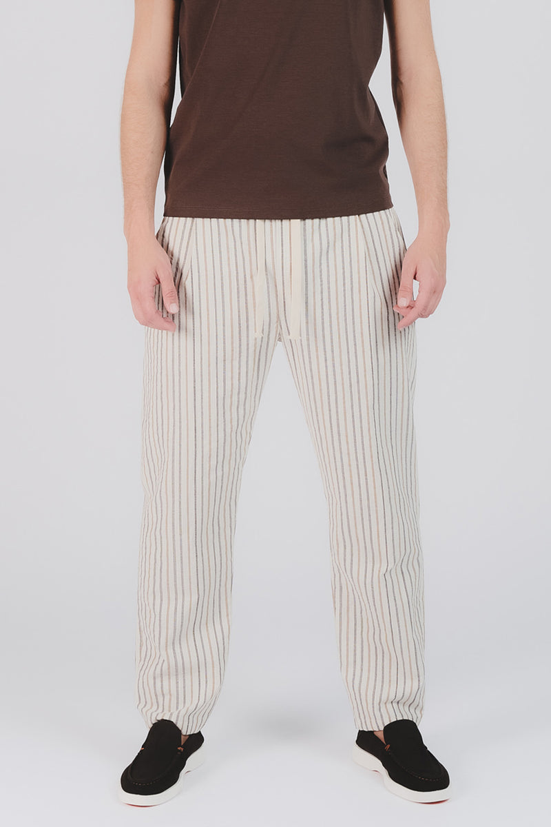 Pantaloni Cotone Righe Crema uomo Barone firenze - 1