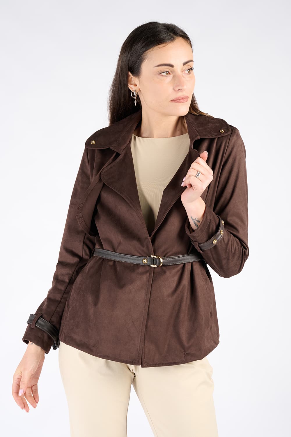 Trench Corto Alcantara Testa di moro donna Barone firenze - 3