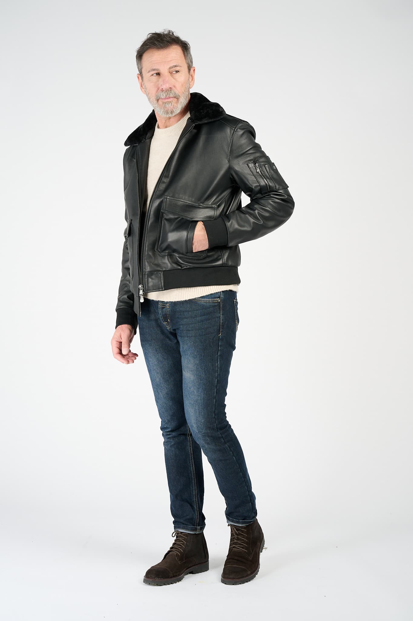 Black 100% genuine leather Aviator Jacket Made in Italy - Barone Firenze