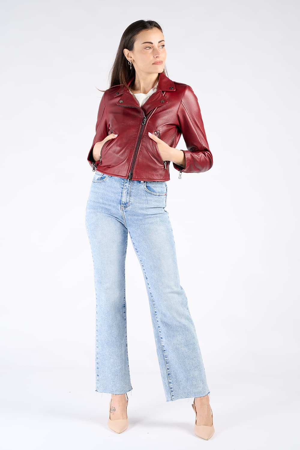 Chiodo Donna Bis Rosso Fiorentino 100% genuine leather jacket Made in Italy - Barone Firenze