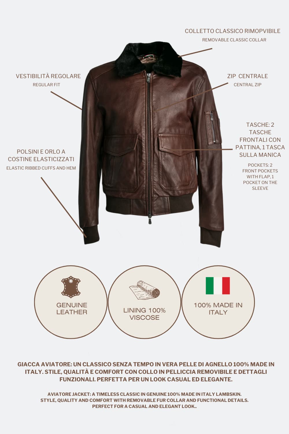 Tdm leather aviator jacket 100% genuine leather Made in Italy - Barone Firenze