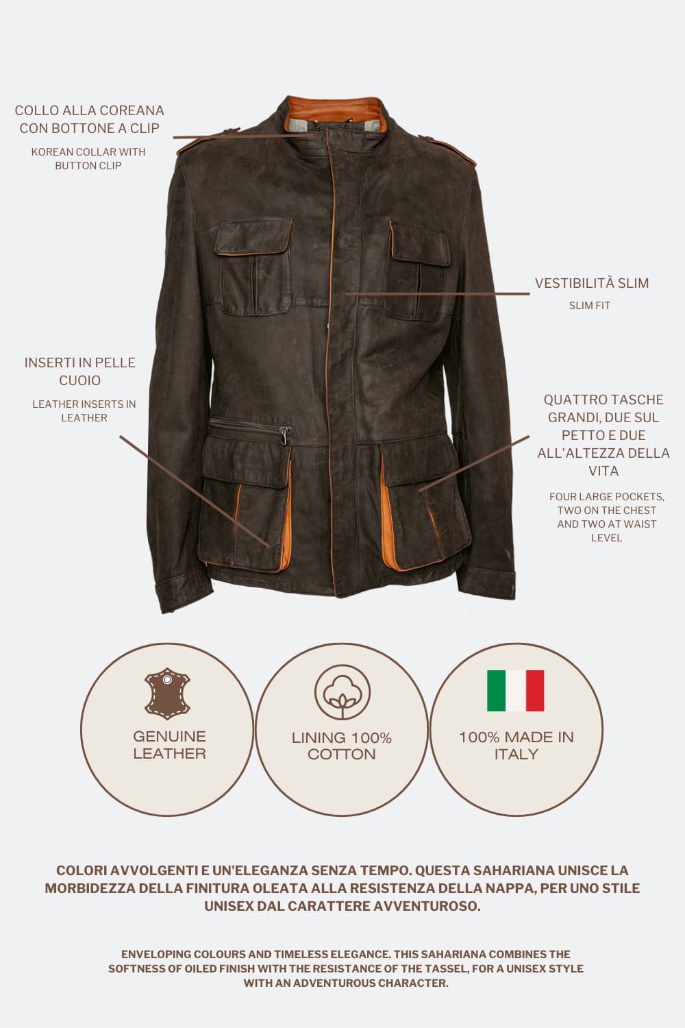 Francesco Oleato Sahariana Testa di Moro men's jacket 100% genuine leather Made in Italy - Barone Firenze 