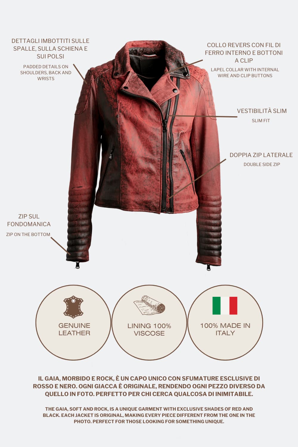 Gaia Bike Flame women's jacket 100% genuine leather Made in Italy - Barone Firenze