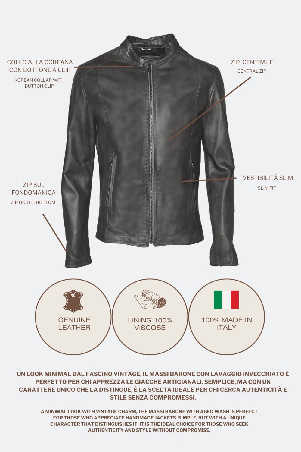 Massi Vintage Grey men's jacket 100% genuine leather Made in Italy - Barone Firenze