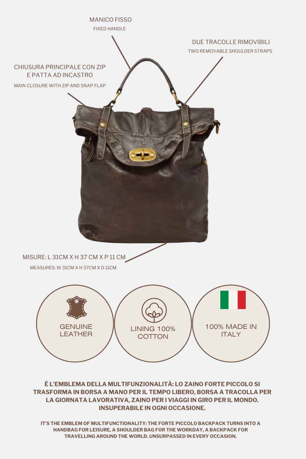 Forte Piccolo Backpack 100% genuine leather Made in Italy - Barone Firenze