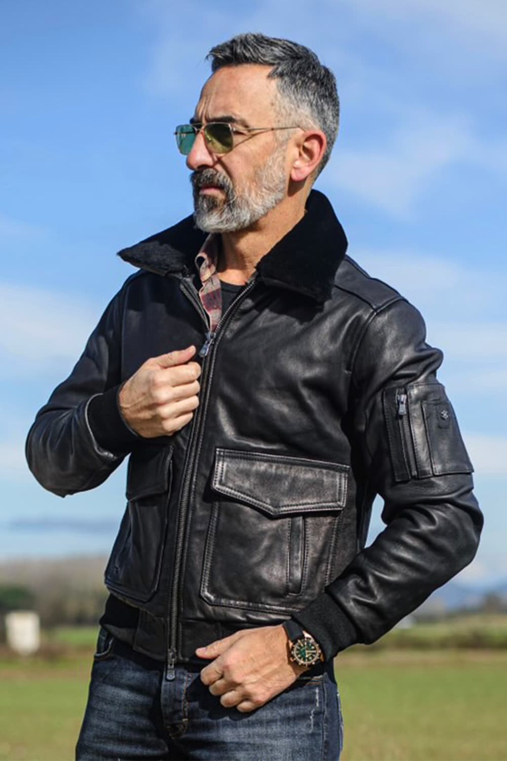 Black 100% genuine leather Aviator Jacket Made in Italy - Barone Firenze