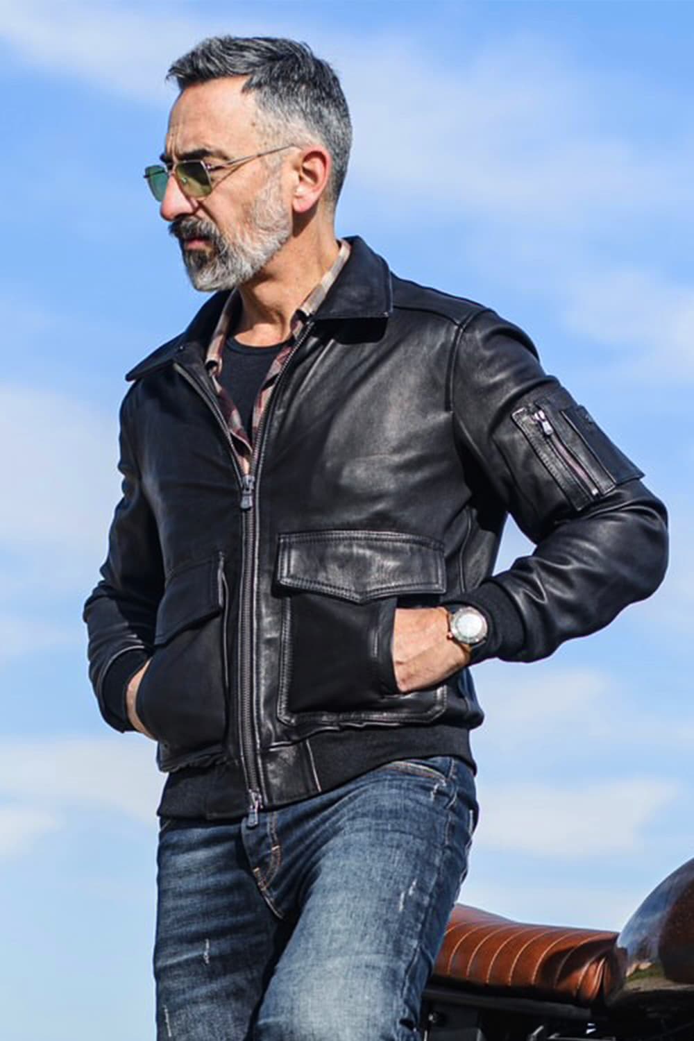 Black 100% genuine leather Aviator Jacket Made in Italy - Barone Firenze