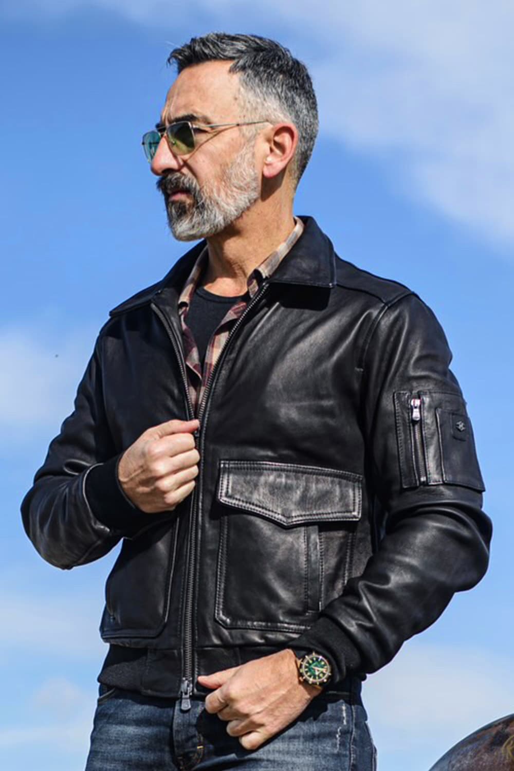 Black 100% genuine leather Aviator Jacket Made in Italy - Barone Firenze