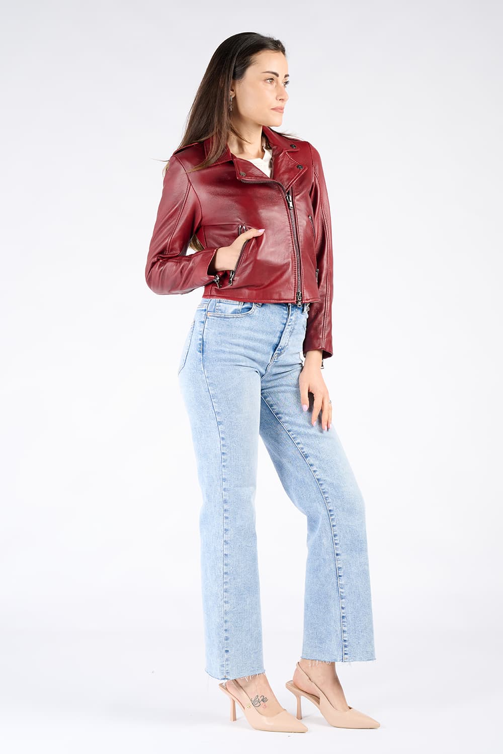 Chiodo Donna Bis Rosso Fiorentino 100% genuine leather jacket Made in Italy - Barone Firenze