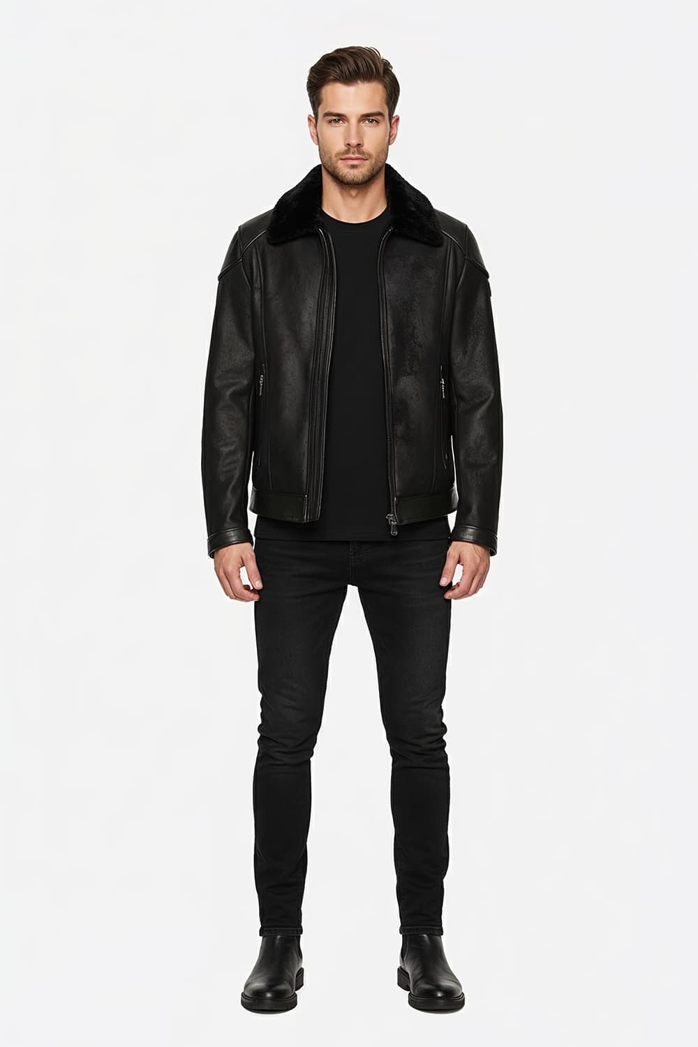 Elton Gold Collar Shearling Style Black Men's Jacket Made in Italy - Barone Firenze