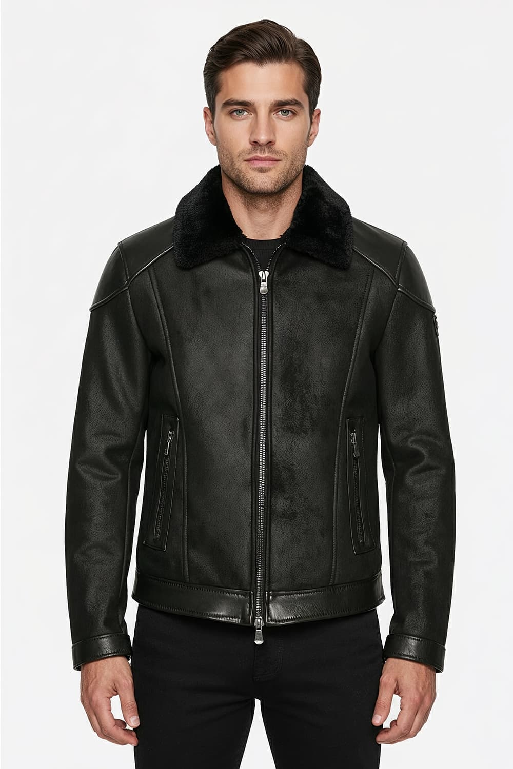Elton Gold Collar Shearling Style Black Men's Jacket Made in Italy - Barone Firenze