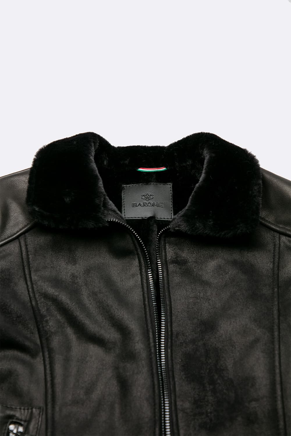 Elton Gold Collar Shearling Style Black Men's Jacket Made in Italy - Barone Firenze