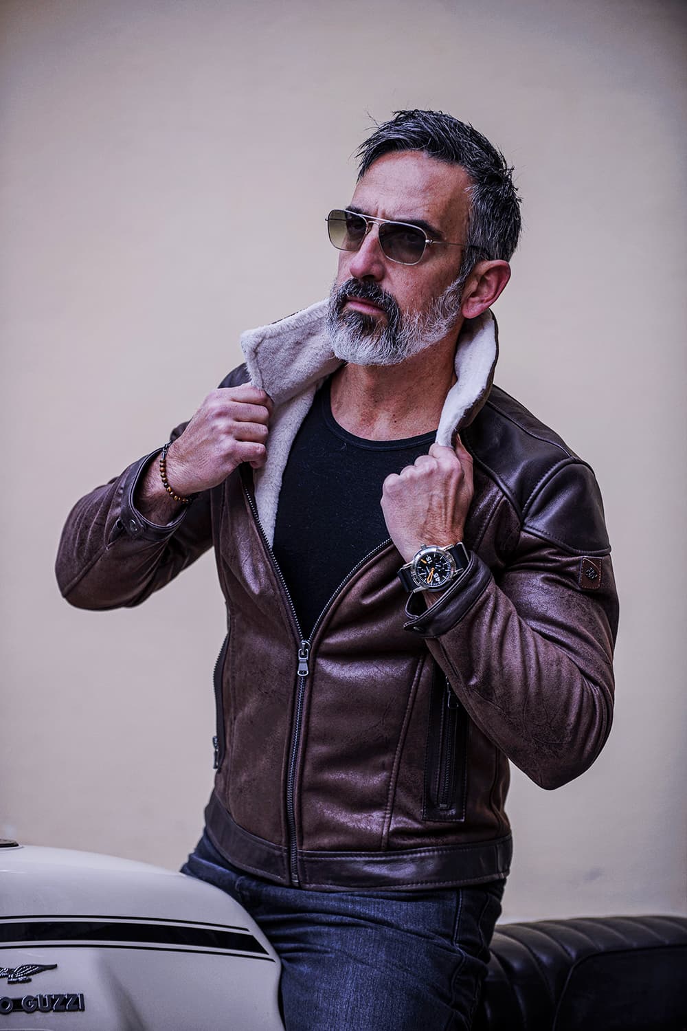 Elton Gold Collar Shearling Style Dark Brown Men's Jacket Made in Italy - Barone Firenze