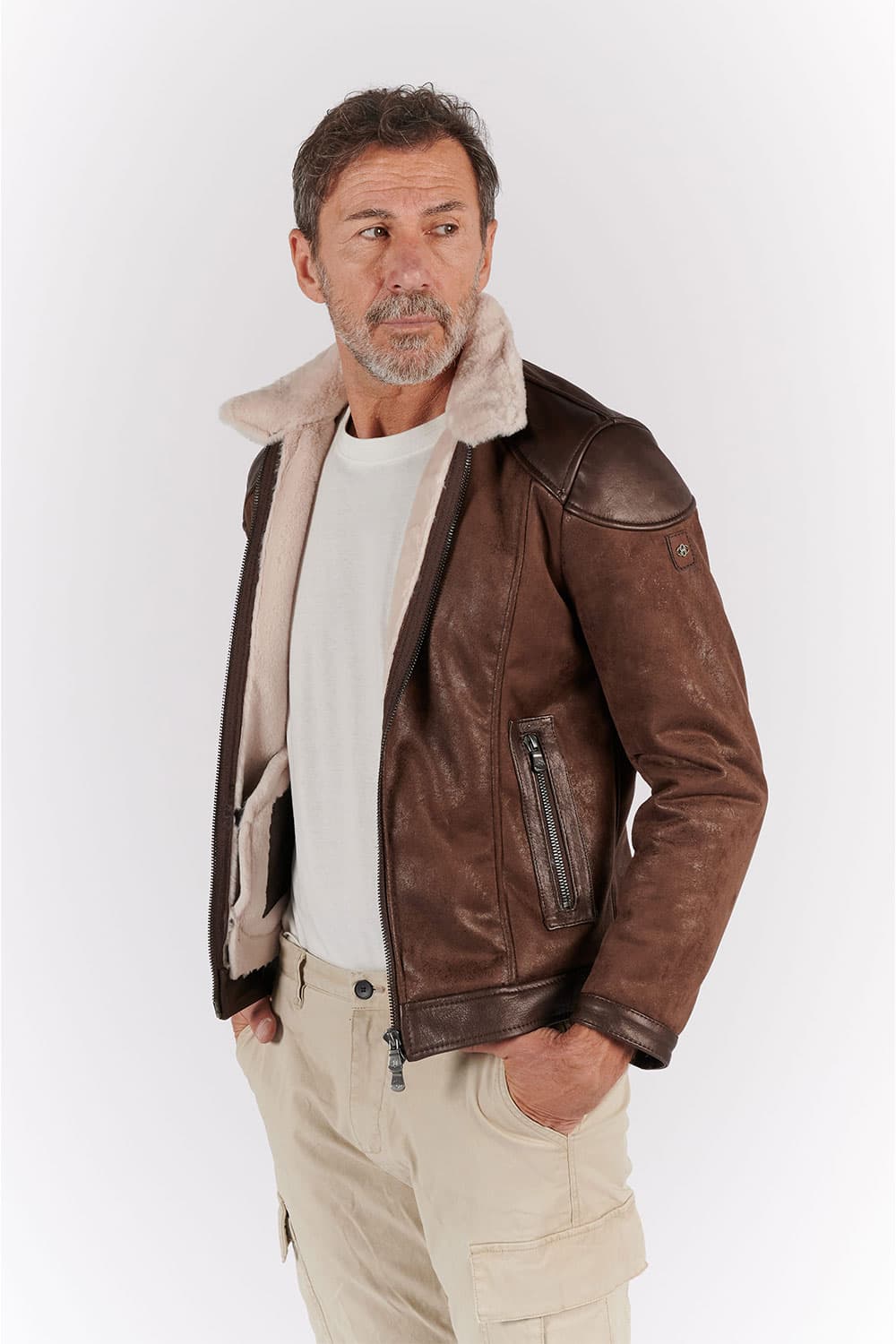 Elton Gold Collar Shearling Style Dark Brown Men's Jacket Made in Italy - Barone Firenze