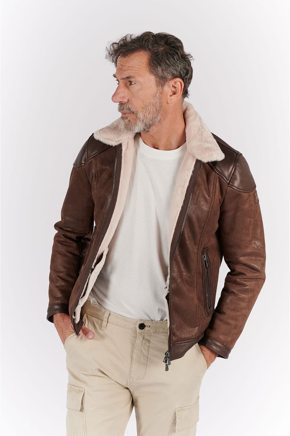 Elton Gold Collar Shearling Style Dark Brown Men's Jacket Made in Italy - Barone Firenze