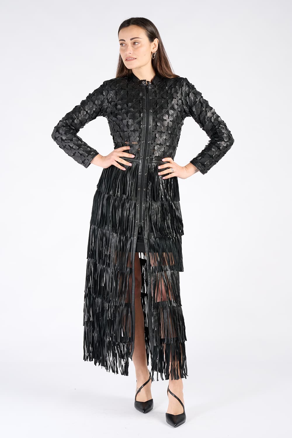 Women's Long Flowers and Fringes Jacket 100% genuine leather Made in Italy - Barone Firenze