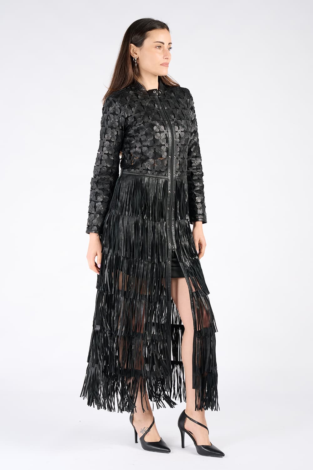 Women's Long Flowers and Fringes Jacket 100% genuine leather Made in Italy - Barone Firenze