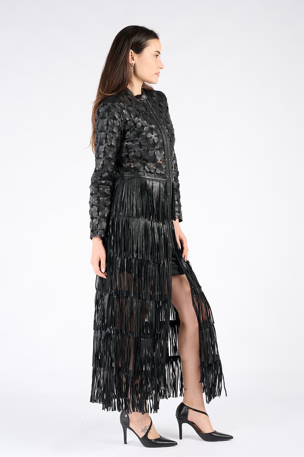 Women's Long Flowers and Fringes Jacket 100% genuine leather Made in Italy - Barone Firenze