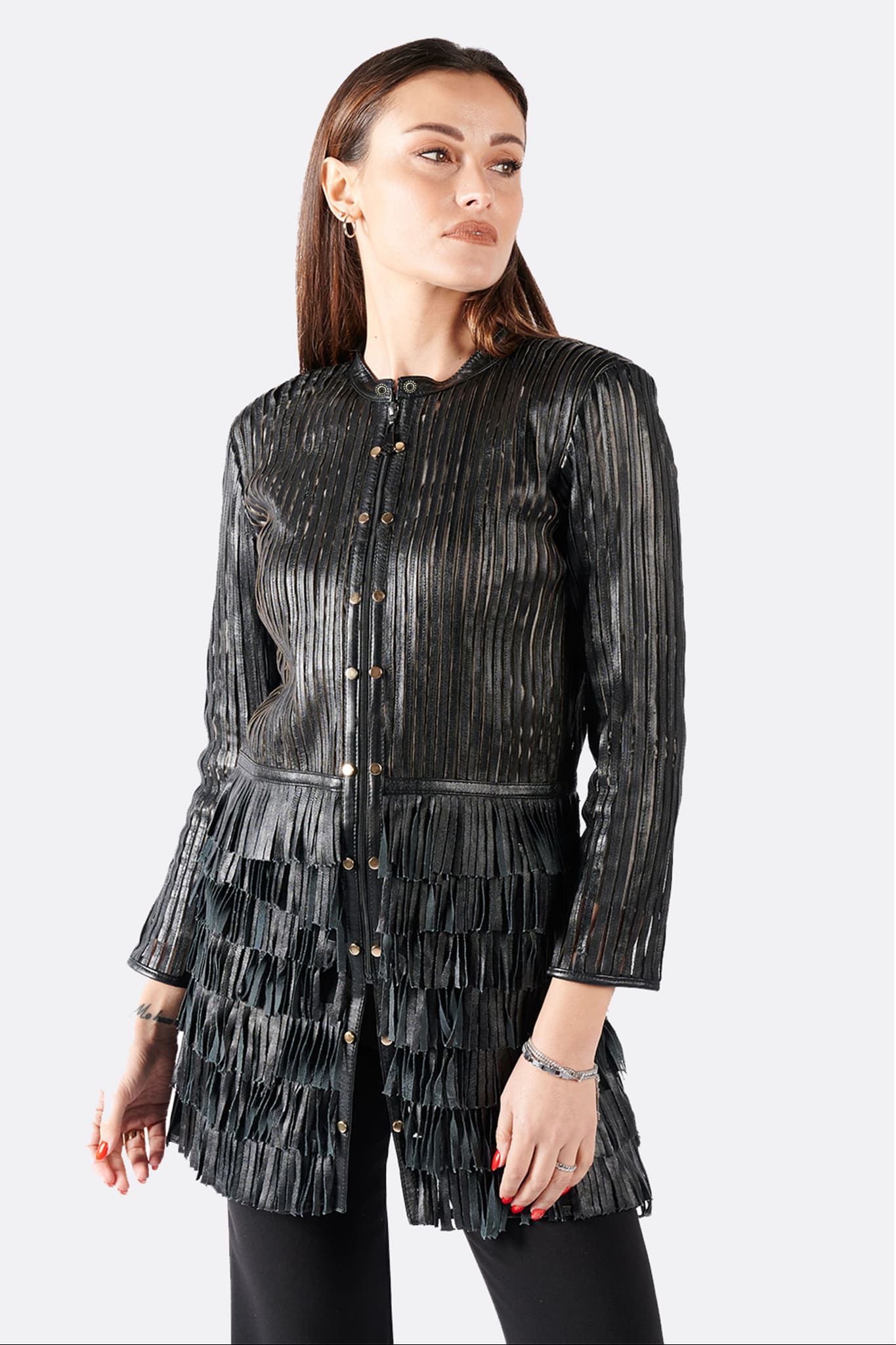 Jacket Fringes Studs and Zip woman 100% genuine leather Made in Italy- Barone Firenze
