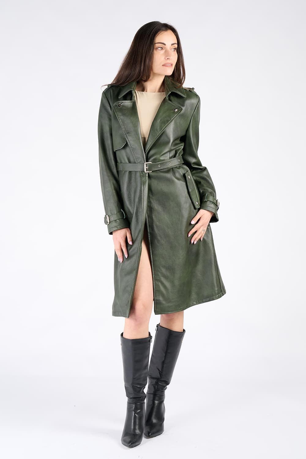 Green 100% genuine leather Made in Italy women's trench coat - Barone Firenze