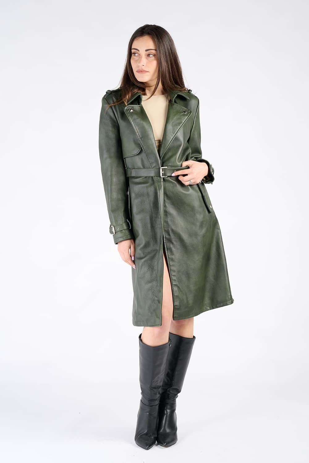 Green 100% genuine leather Made in Italy women's trench coat - Barone Firenze