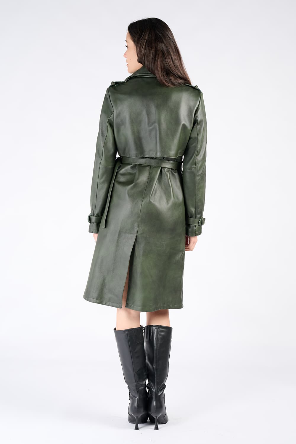 Green 100% genuine leather Made in Italy women's trench coat - Barone Firenze